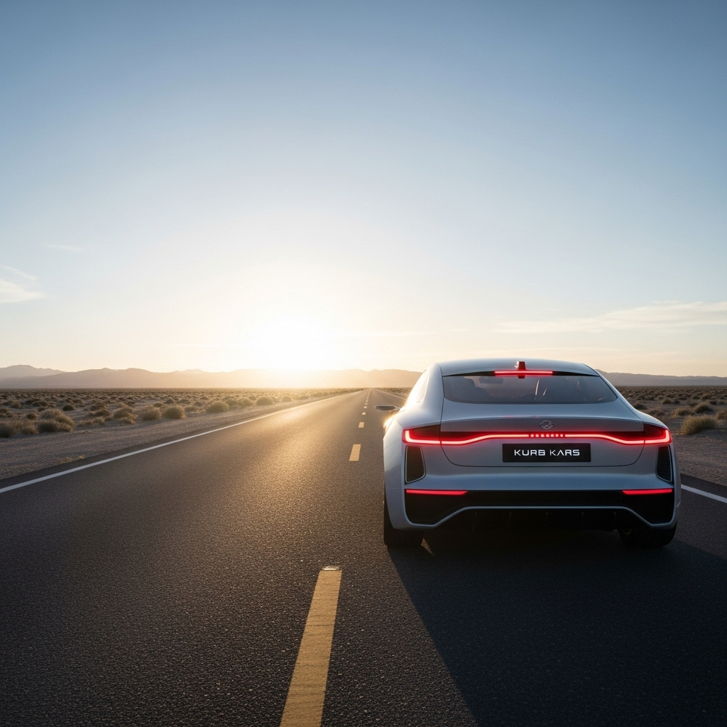 Kurb Kars: Driving into the Future
Concept: A forward-looking, optimistic brand image for Kurb Kars.
Prompt: "A powerful and professional hero image for a website. An empty desert road stretches towards a bright, hopeful sunrise on the horizon. Driving into the sunrise is a single, elegant autonomous concept car, seen from a low rear angle. The car's subtle taillights are on, and the 'Kurb Kars' logo is cleanly visible on the trunk. The image evokes a sense of journey, innovation, and a bright future for mobility."