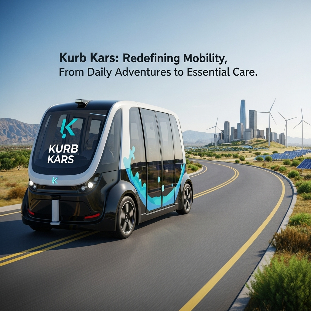 Kurb Kars: The Journey Ahead

Concept: A sleek, futuristic autonomous shuttle with the Kurb Kars logo prominently displayed. The vehicle is pictured on a clean, open road that curves towards a stylized representation of La Paz County, blending a modern cityscape with a rural landscape.
Text Overlay: "Kurb Kars: Redefining Mobility, from Daily Adventures to Essential Care."
Style: Photorealistic, bright, and optimistic.